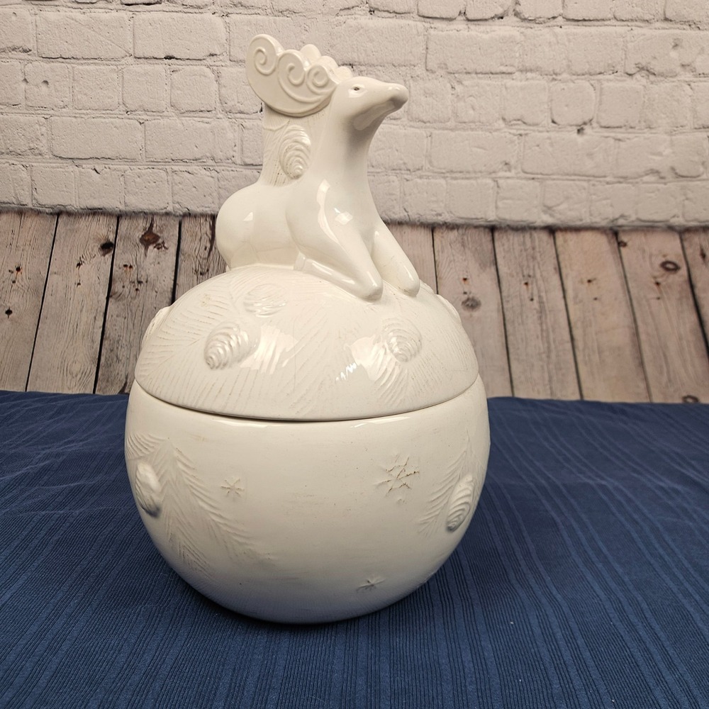 Woolrich Winter White Ceramic Reindeer Cookie Jar Hand Painted Holiday Decor